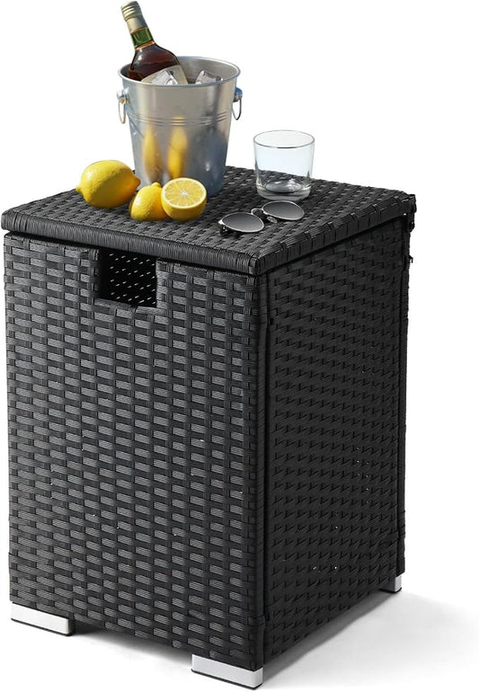 22.4in Outdoor Rattan Side Tables,Iron Frame Gas Bottle Storage Bin,Waterproof Patio Coffee Side Tables,All-Weather PE Wicker End Table,with Lid,for Garden Porch Poolside Deck Backyard (Black)