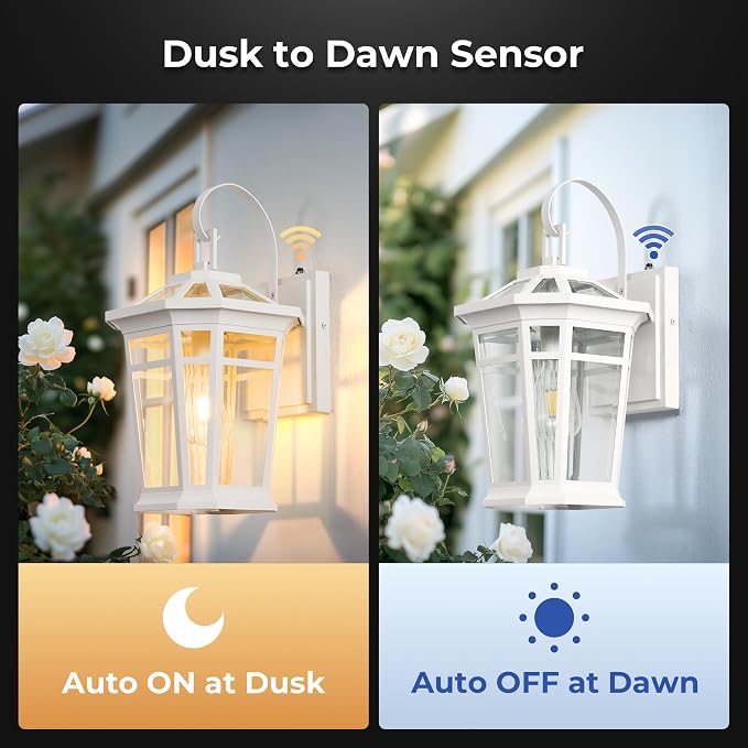VIANIS Large Dusk to Dawn Outdoor Wall Lights, White Exterior Wall Light, 100%Aluminum Waterproof Front Door Light Fixture Outdoor, Modern Outside Garage Lights Fixtures with Tempered Glass for House