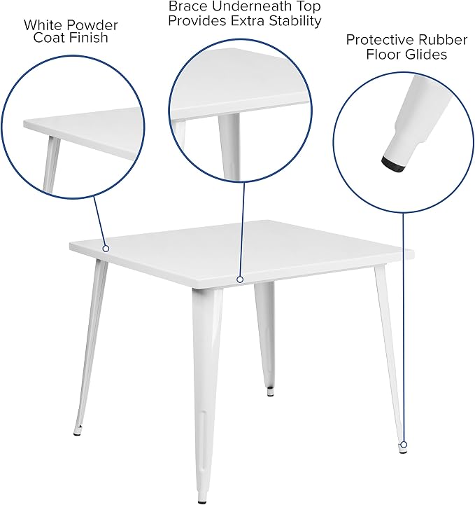 EMMA + OLIVER Commercial Grade 35.5" Square White Metal Indoor-Outdoor Table