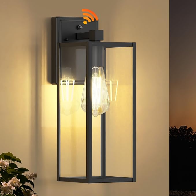 16" Dusk to Dawn Exterior Lighting Fixture, Outdoor Porch Light Wall Sconce | Anti-Rust Metal Frame, Tempered Glass, E26 Base, Waterproof, Sensor Wall Lantern for Patio, Garage, Entryway