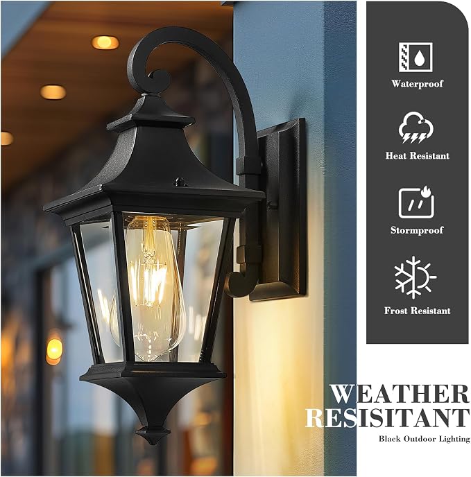 Emliviar Twin Pack 15" Outdoor Porch Light, Farmhouse Exterior Wall Light for Patio, Clear Glass with Black Finish, XE292B-2PK BK