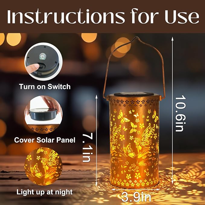 DIBIEECN Birthday Gifts for Women Mom Grandma Wife, Solar Lanterns Outdoor Waterproof, Metal Hanging Lights Garden Decor, LED Decorative Lantern for Patio Porch Backyard, Fairy, 1 Pack