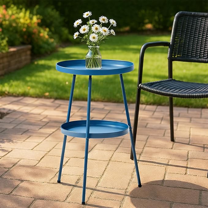 Outdoor Side Table 2 Tier End Table Metal Round Coffee Tables Nightstand for Small Spaces Indoor Outdoor and Living Room Bedroom or Office (Blue)