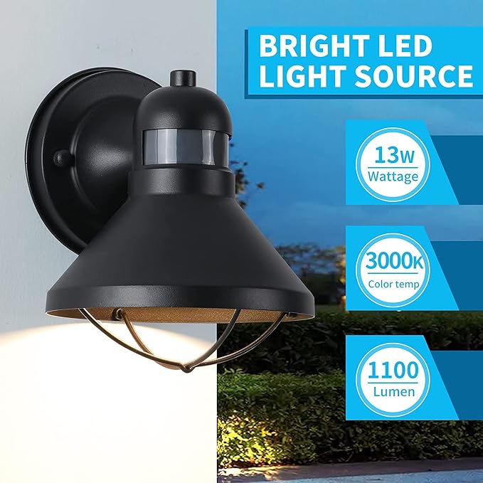 2 Pack Dusk to Dawn Motion Sensor Outdoor LED Wall Light Fixture | Exterior Sconce Lighting Fixture Waterproof Wall Mount Barn Lamp Black Outside Lantern for House Porch Garage Farmhouse