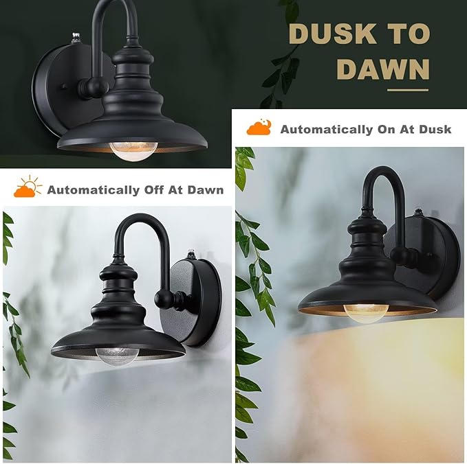 Dusk Dawn Sensor Outdoor Wall Sconce Black Exterior Gooseneck Barn Light | Waterproof Farmhouse Wall Mount Porch Lighting Fixture Anti-Rust Outside Lantern for House Garage Entryway
