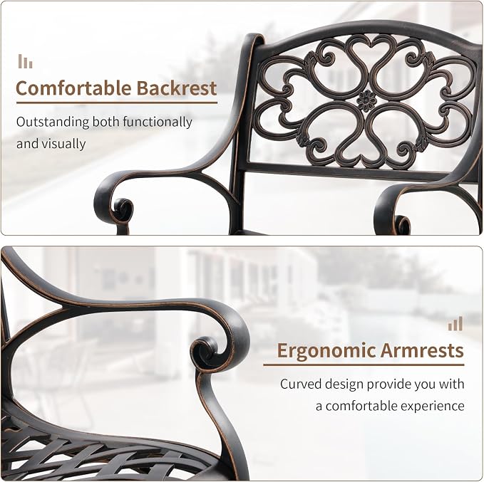 3 Piece Outdoor Dining Set,Cast Aluminum Bistro Set with Umbrella Hole, All Weather Patio Furniture Set, Small Patio Dining Set for Garden/Balcony/Deck Bronze (Flower Backrest)