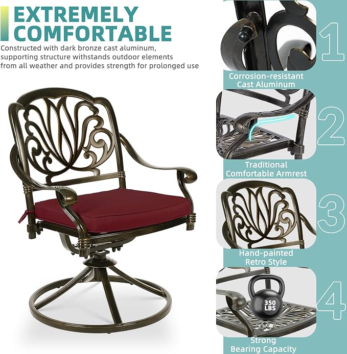 MEETWARM 7-Piece Outdoor Patio Dining Set, All-Weather Cast Aluminum Patio Conversation Set for Backyard Garden Deck with 6 Cushioned Swivel Rocker Chairs, 1 Rectangular Table, Chili Red