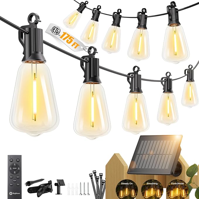 Brightown 175FT Solar String Lights Outdoor, 56+2 Shatterproof LED Lights | Waterproof, Remote Control, Dimmable, Timer, 3 Light Modes Solar Lights for Yard, Camping, Parties and Outdoor Decor