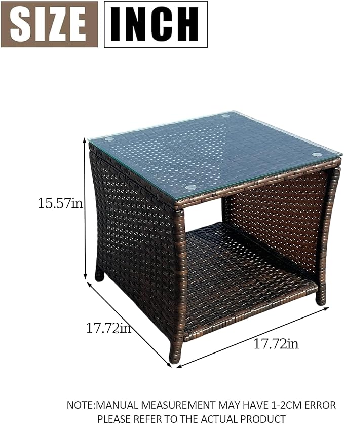 Outdoor Patio Wicker Table,Rattan Side Table,Modern Patio End Side Table with Glass Countertop and Storage Space,for Porch Garden Balcony