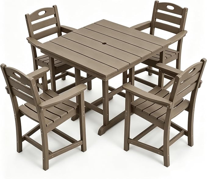 Outdoor Patio Dining Square Table and Armchair 5 Piece Set, Brown | HDPE Material, 1.77" Umbrella Hole, All-Weather, Patio Furniture, Table and 4 Chairs, For Backyard, Deck, Garden