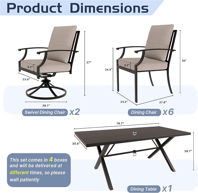 ALAULM 9-Piece Patio Dining Table and Chairs for 8 Outdoor Dining Set with 2 Swivel Chairs Patio Dining Sets with Rectangular Metal Table with Umbrella Hole for Patio, Backyard, Garden-Sand