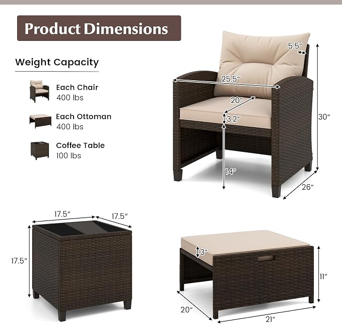 COSTWAY 5-Piece Rattan Conversation Set, Outdoor Wicker Sofa, Tempered Glass Coffee Table & Ottomans for Small Space, Boho Chic Indoor/Outdoor Furniture Set for Poolside, Backyard, Deck (Beige)