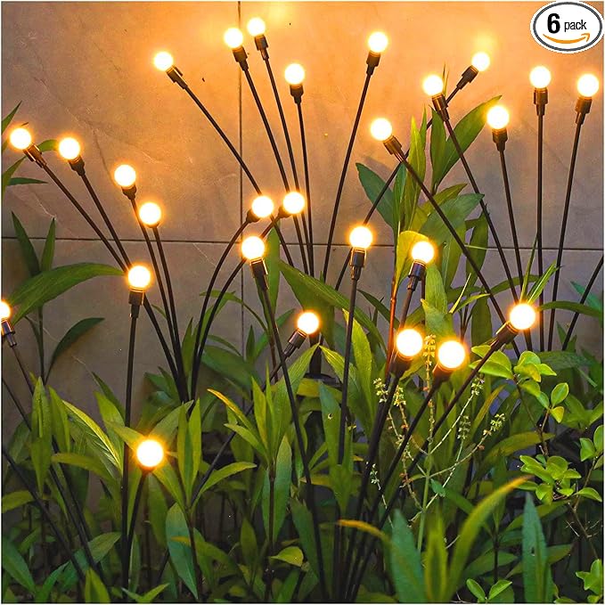 TONULAX Solar Garden Lights - 6 Pack 48 LED Upgraded Solar Swaying Light, Sway by Wind, Outdoor Lights, Yard Patio Pathway Decoration, High Flexibility Iron Wire & Heavy Bulb Base, Warm White