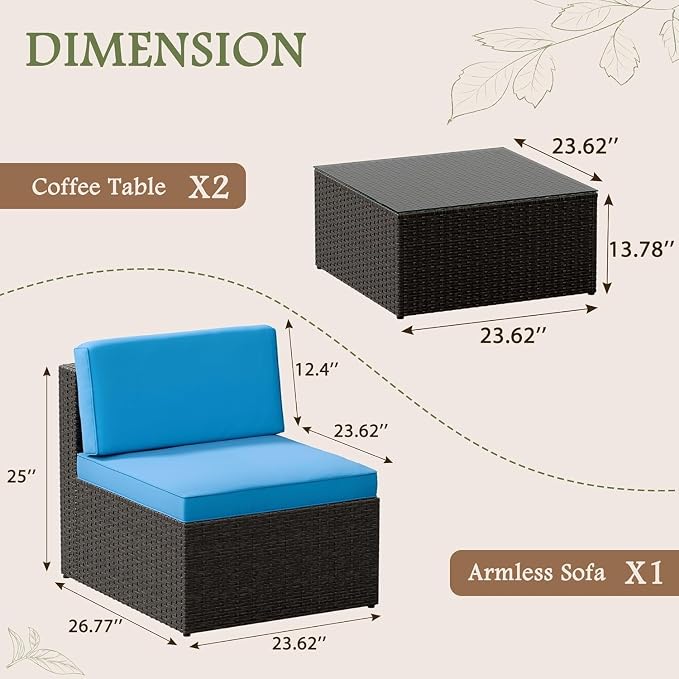 Devoko 3 Pieces Outdoor Patio Conversation Sets, Couch Sectional Sofa Rattan Chair Wicker with Tea Table, Furniture Bistro Sets for Garden,Balcony,Backyard, Blue