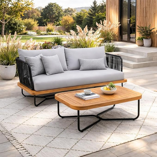 Christopher Knight Home Elly Acacia Wood Outdoor Loveseat and Coffee Table Set, 2 Piece Patio Furniture Set with Metal Frame, Outdoor Conversation Set with Cushion for Backyard, Black+Light Grey+Teak