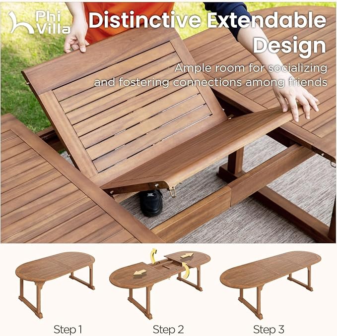 PHI VILLA Outdoor Dining Set for 8, Expandable Acacia Wood Table & Chairs | 9pc teak patio furniture set. Large farmhouse set for deck, porch, backyard