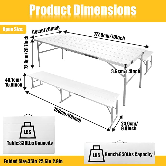 Picnic Table Set with 2 Benches, 5.8FT Portable Folding Picnic Table for Indoor Outdoor, Camping Patio Dining, Heavy Duty Metal Frame, Compact Carry for Backyard, White