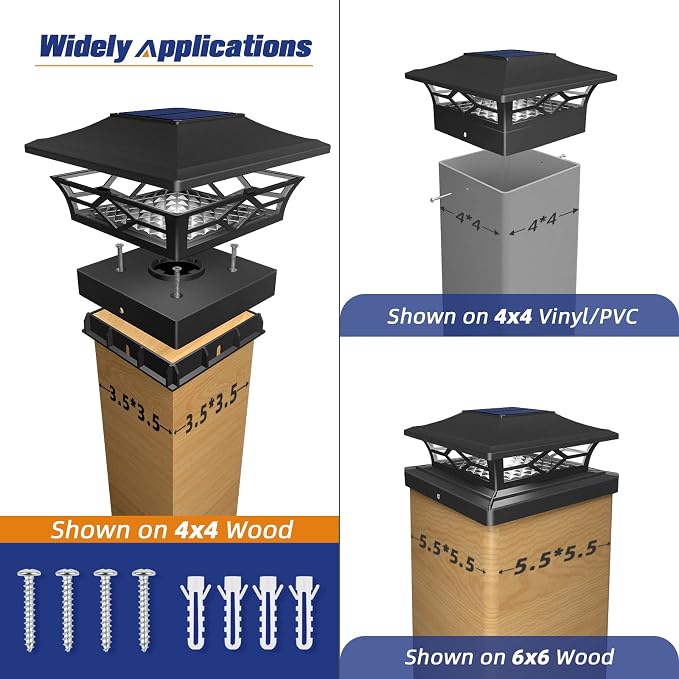APONUO Solar Post Cap Lights, 4x4 Black Plastic Outdoor Waterproof Lights, Warm White/Cool White LEDs, Fence/Deck Decor, Garden Lighting