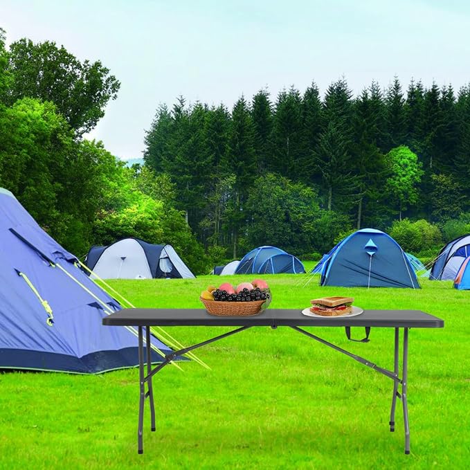 Folding Table 6FT Portable Plastic Camping Table Foldable Table Light Weight Plastic Dining Table Indoor Outdoor for Camping, Picnic BBQ Kitchen Wedding and Party,（Black） 71''L x 29 ''Wx 29''H