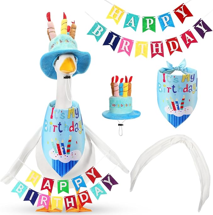 Abbylike 4 Pcs Happy Birthday Porch Goose Outfit for 23" Statues Poseable Porch Goose Wings Birthday Cake Hat for Lawn Patio Outdoor Geese Statue Decoration Accessories(Blue,Bib Style)