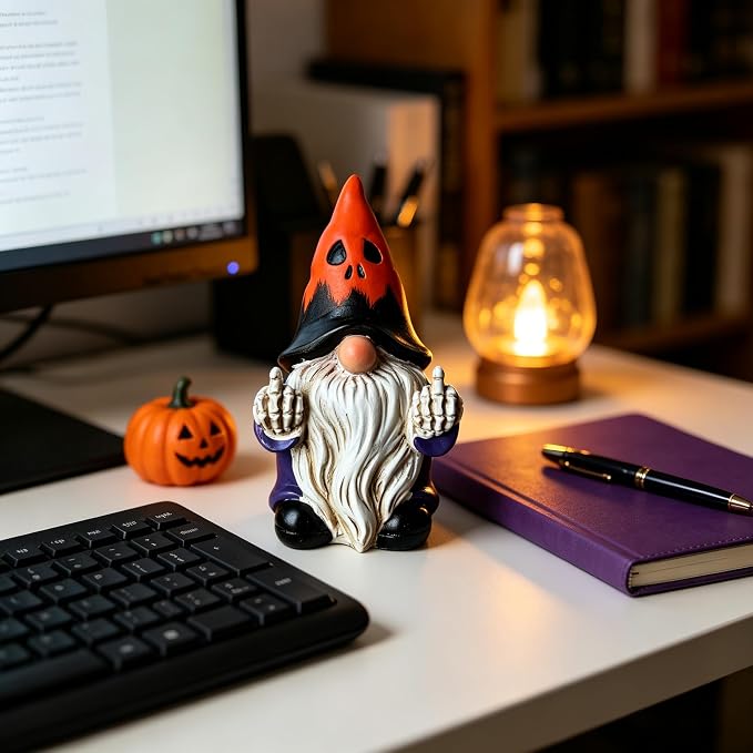Halloween Middle Finger Gnome Statue with Skeleton Hands - Spooky Ghost Face Hat Resin Figurine 3.5in, Weather Resistant Indoor Outdoor Decor for Patio Yard Halloween Party, Novelty Edgy Gift