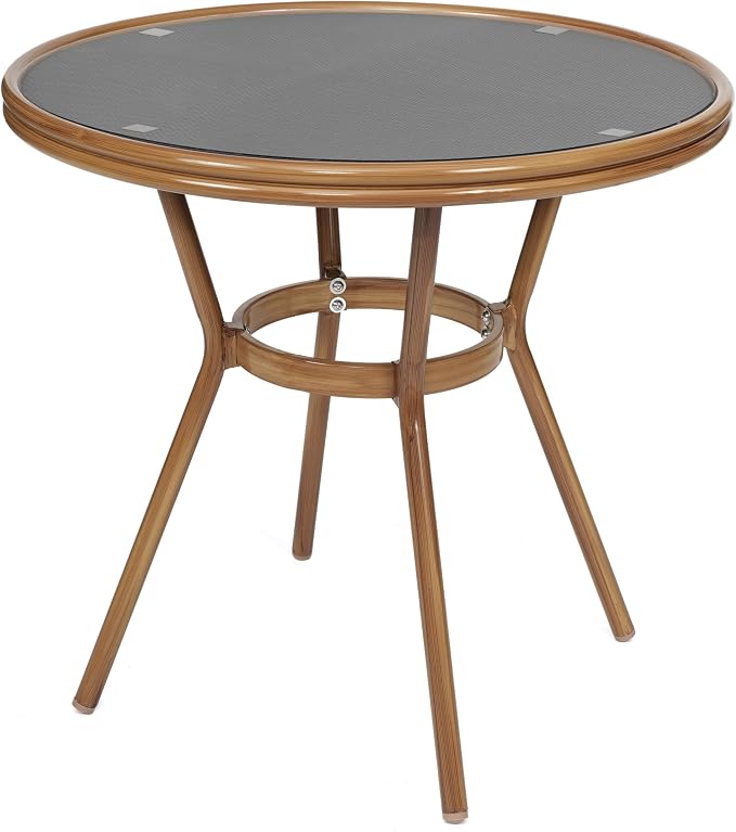 Flash Furniture Marseille Indoor/Outdoor Commercial Bistro Table - Tempered Glass Top - Textilene Fabric - Natural Bamboo Print Aluminum Frame - 31.5" - Black