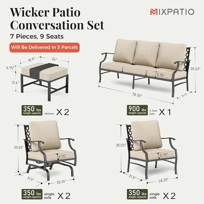 MIXPATIO Patio Furniture Set 7 pcs, Outdoor Patio Furniture, 3-Seat Sofa, 2 Single Chairs, 2 Rocking Chairs, 2 Ottomans and 5.75" Extra Thick Cushion, Patio Conversation Set for Backyard Deck,Beige