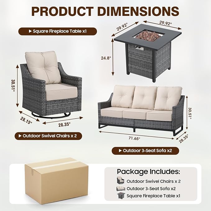 5 Piece Patio Furniture Set With Fire Pit Table,360°Swivel Glider Patio Chairs Set of 2,Cozy 60,000 BTU Square Fire Pit Table,2 Sofas,All-Weather Wicker Outdoor Patio Set With 6 Inch Thick Cushions