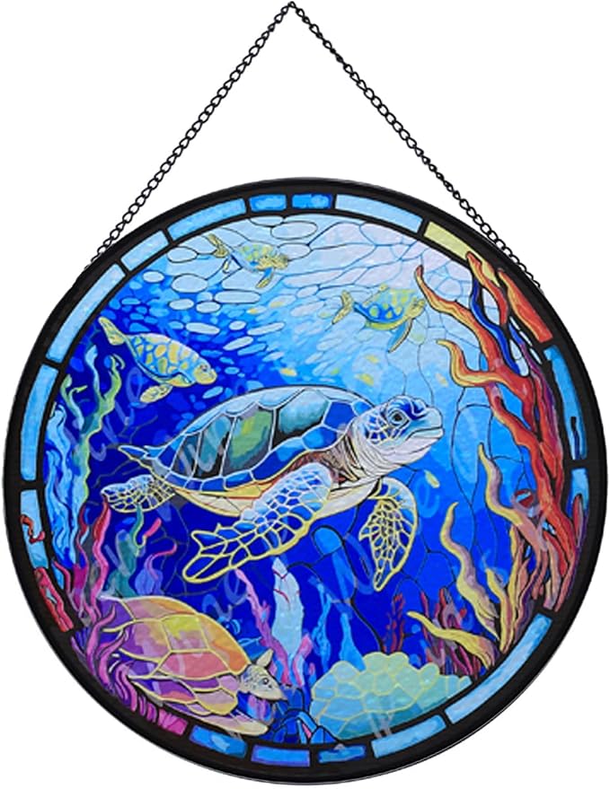 Hanging Stained Glass for Windows,20cm/7.87 inch Turtle Hand-Painted Glass Panel Window Hanging Suncatchers Christmas Ornaments Home Courtyard Decor,Housewarming Gift (Style B)
