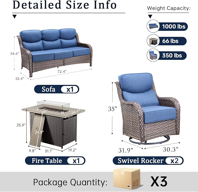 Luxury High Back Outdoor Furniture 6-Inch Thick Cushions with 50,000 BTU Gas Propane Fire Pit Tablet, Patio Furniture Set with Swivel Chairs, for Porch, Balcony, Deck and Yard