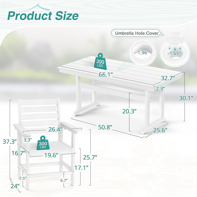 5 Piece Patio Dining Set, 66" Rectangle HDPS Weather Resistant Outdoor Table & 4 Patio Chairs Set with 1.96" Umbrella Hole, Heavy Duty Chairs for Backyard Balcony Deck, White