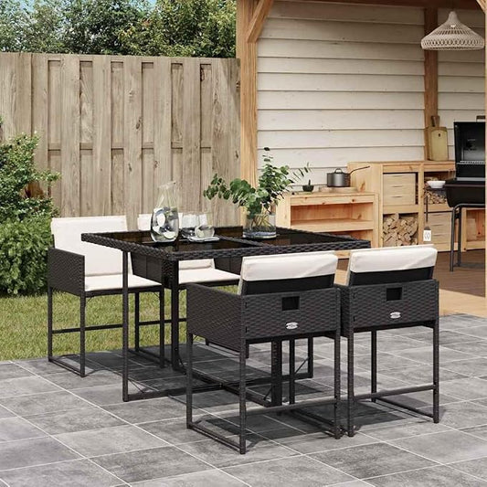 5 Piece Patio Dining Set with Cushions Black Poly Rattan Outdoor Table and 4 Folding Chairs for Garden Backyard Deck Tempered Glass Top UV-Proof Space-Saving