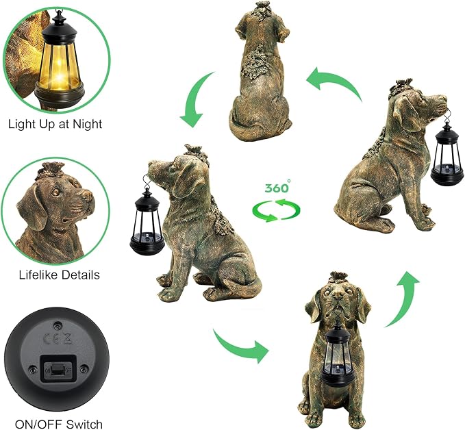 Solar Garden Statue Dog Figurine Decor with Lantern Lights, 11 Inch Outdoor Decoration Solar Dog Sculptures for Outside Patio Lawn Balcony Yard Ornament, Dogs Lover Gifts for Women Mom Birthday