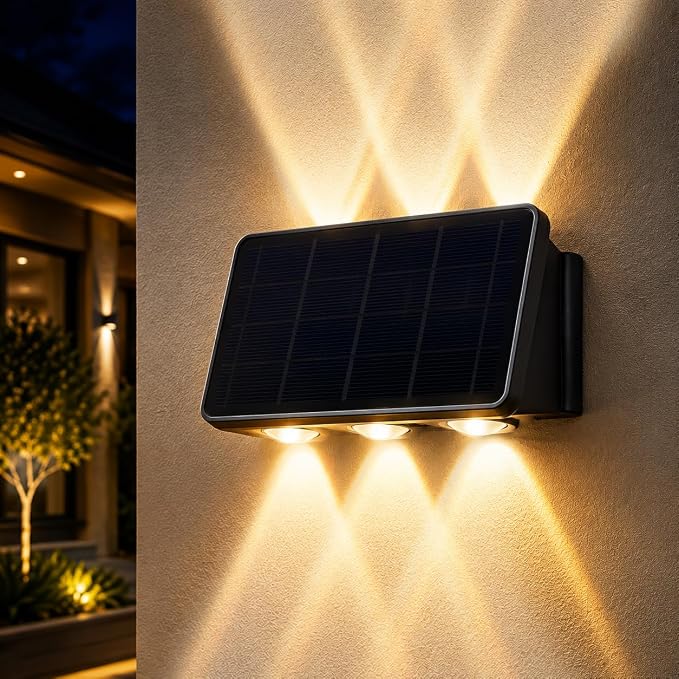 Solar Wall Lights Outdoor, 6 LED Solar Powered Wall Wash Light, Up and Down Lighting, IP65 Waterproof Exterior Fence Lights, Warm White, Auto On/Off for Patio, Fence, Garage, Garden, Yard