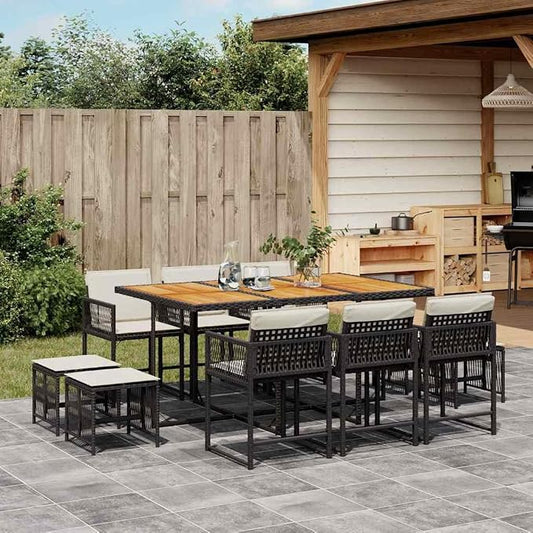 11 Piece Outdoor Dining Set with Cushions, 10-Seater Patio Table and Chairs, Space-Saving Cube Garden Furniture, Black Poly Rattan