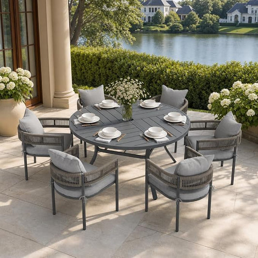 VICLLAX Patio Dining Set, 53.1" Dark Grey Table & 6 Chairs with Grey Cushion