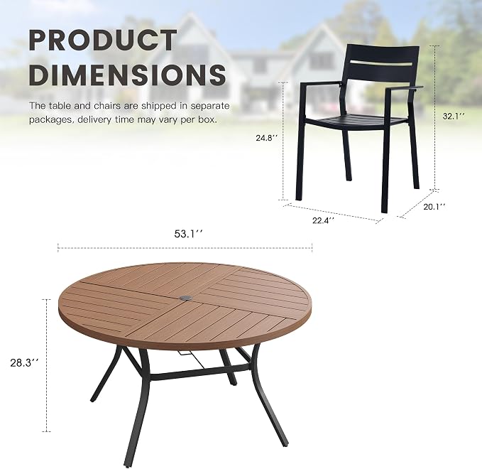 Patio Dining Set for 8, Round 53.1" Patio Dining Table and Stackable Outdoor Dining Chairs Outdoor Furniture for Backyard Porch Deck, Spliced Walnut Table and Black Chairs