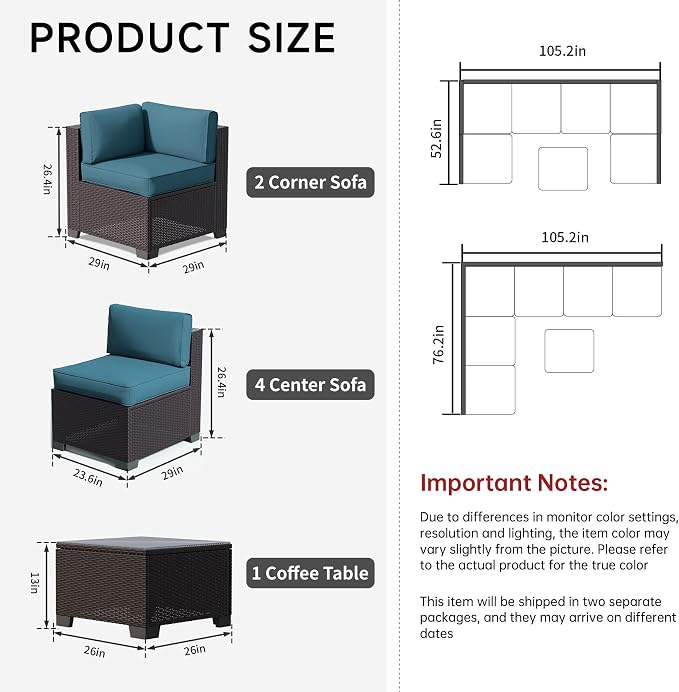 7 Pieces Outdoor Patio Furniture Set, Wicker Modular Sectional Sofa, All Weather Conversation Sets with Glass Table for Yard, Garden, Poolside, Dark Brown Rattan & Peacock Blue Cushions