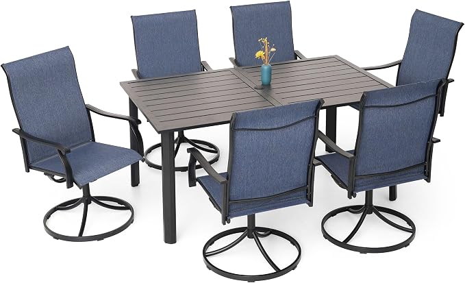 Outdoor Dining Set, 29" Heigh Rectangle Table and 6 Navy Swivel Chairs Sty1 | 63"x38" Metal Table, 29" Heigh Table Top,All Weather; 6 Piece Swivel Chairs: High Back,Retro Armrest,Textilene Fabric,Rocking