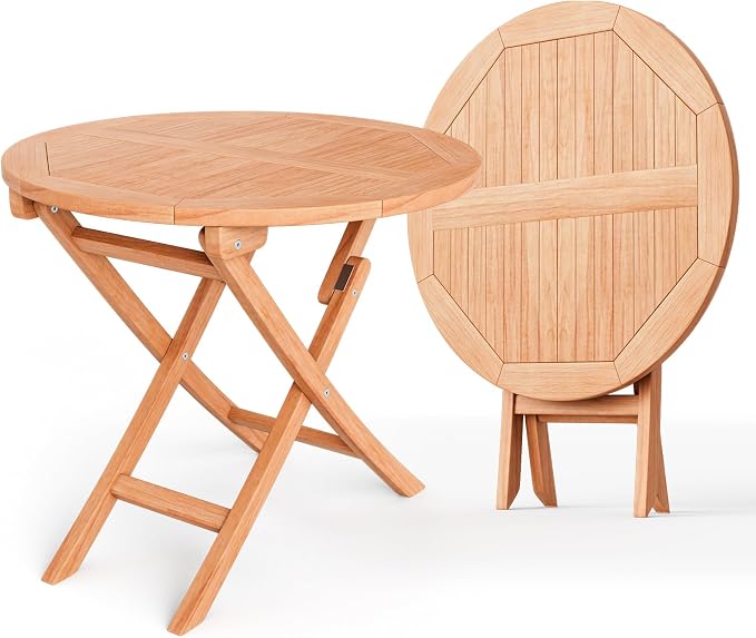 Giantex 31.5” Outdoor Folding Table, Indonesian Teak Patio Dining Table with Natural Appearance, Space-Saving Design, Outside Round Wood Dining Table for Deck, Backyard, Poolside