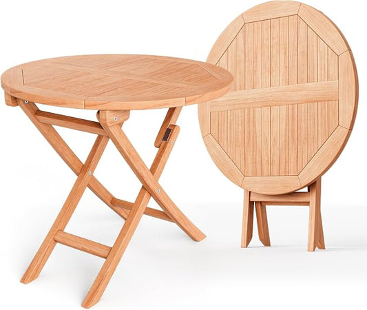 Giantex 31.5” Outdoor Folding Table, Indonesian Teak Patio Dining Table with Natural Appearance, Space-Saving Design, Outside Round Wood Dining Table for Deck, Backyard, Poolside