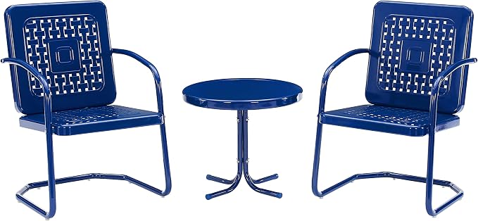 Crosley Furniture Bates 3-Piece Outdoor Chair and Side Table Set, Retro Metal Bistro Patio Conversation Sets, Navy Gloss