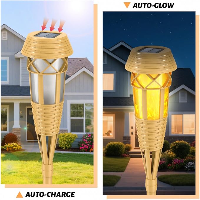 Solar Outdoor Lights – Torches with Flickering Flame for Garden Decor, Waterproof Garden, Outdoor Patio & Pathway Yard Decorations with Flame Torches - 2 Pack