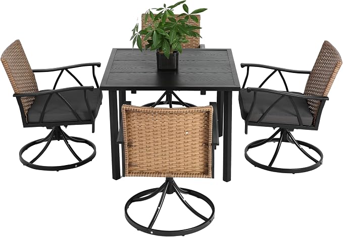 GDFStudio 5-Piece Patio Dining Set,Outdoor Wicker Furniture Set with Swivel Rocker Chairs,Square Steel Table with Umbrella Hole, Cushioned Seating with Removable Covers for Garden,Poolside,Brown Gray