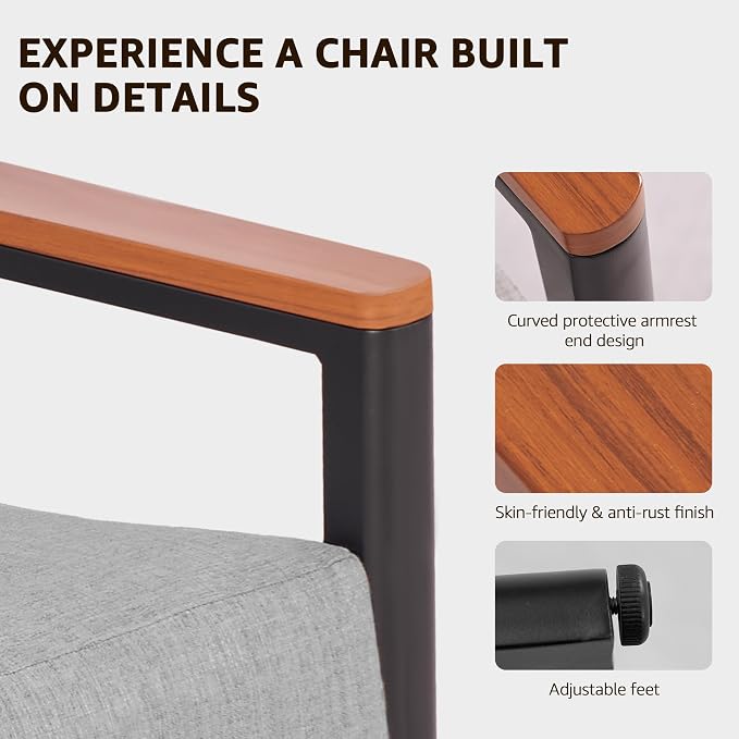 NATURAL EXPRESSIONS Aluminum Outdoor Furniture Armchair, Patio Chairs Set of 2 with Fauxwood Armrest, 6" Olefin Cushion, All-Weather Outside Chair for Porch, Yard, Balcony, Deck