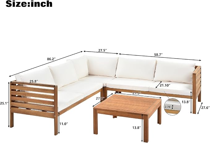 4 Piece Outdoor Patio Sectional Sofa w/Comfort Seat Cushions, All Weather Acacia Wood Patio Sectional Conversation Seat with Plus Coffee Table and Strong Metal Accessories, Water-resistant (Beige+AC)
