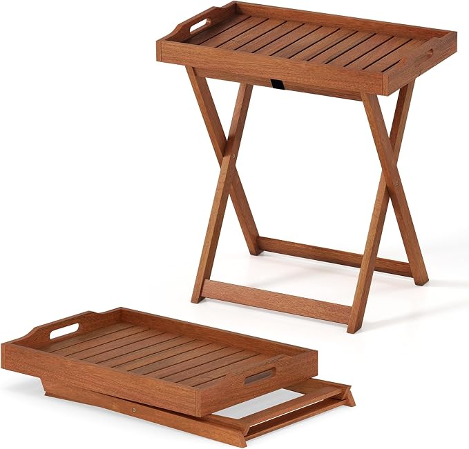 Giantex Outdoor Side Table, Wooden Folding Table with Removable Tray Top, Food Serving Tray with Stand for Patio, Porch, Garden, Backyard & Poolside