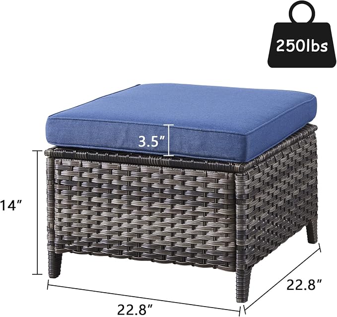 Rilyson Luxury Outdoor Wicker Patio Ottomans Set of 2, 250 lbs Capacity Rattan Large Ottomans for Patio Footrest Set 22.8in*22.8in*14in with 3.5in Thick Cushion (Mixed Grey/Blue)