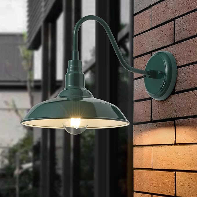 10‘’ Dome Outdoor Gooseneck Barn Light Fixture with Wall Mount, Green Exterior Porch Barn Door Lighting, Farmhouse Style Outside Shed Gooseneck Wall Sconce for Patio, Yard, Garage, House
