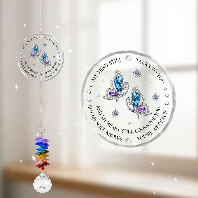Glass Suncatcher Ornament - Memorial Gift for Loss of Loved One - My Mind Still Talks to You - Bereavement Keepsake - Crystal Rainbow Maker - Mother's Day for Mom Dad